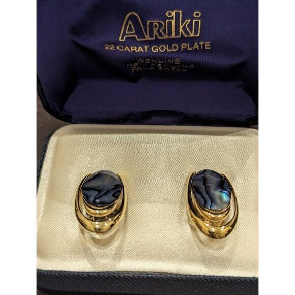 Ariki 22 Carat Gold Plate Genuine New Zealand Paua Shell Clip Earrings - Picture 3 of 6